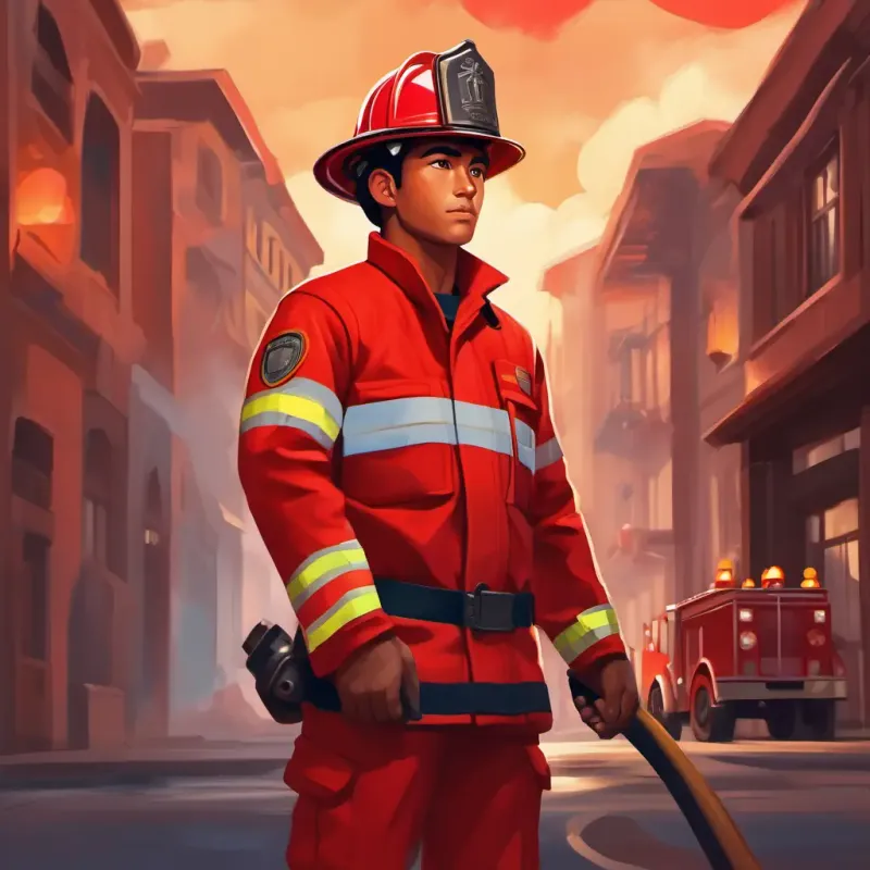 Portrayal of Brave firefighter, tan skin, kind brown eyes, red uniform's ongoing dedication to his duty and his brave spirit.