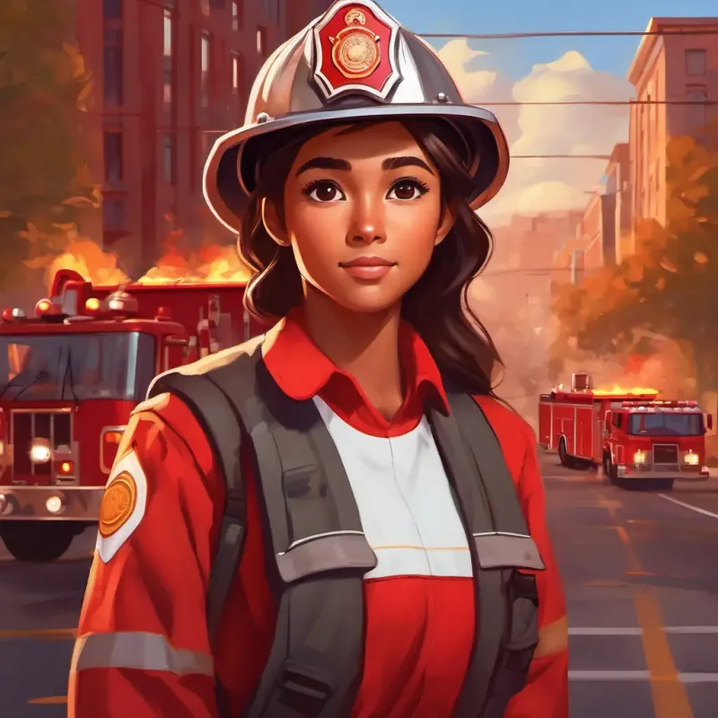 Reassurance of Brave firefighter, tan skin, kind brown eyes, red uniform's continued presence and positive impact on the town.