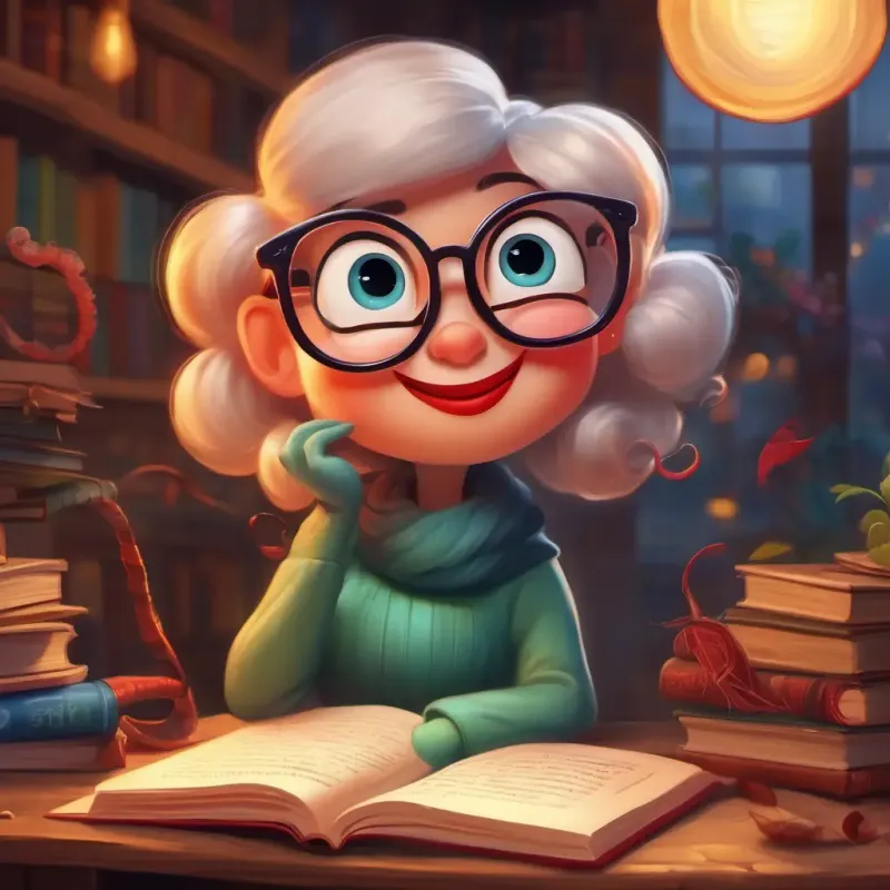 Curious worm with reading glasses, red lips, and a joyful spirit learns the language and finds happiness among her friends
