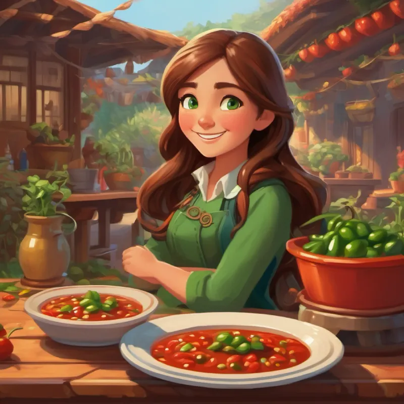 Fun at the competition, but Clever with a mischievous smile, long brown hair, green eyes's chili goes missing!