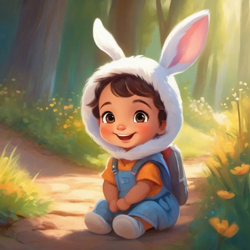Small toddler, big sparkling eyes, shy, with a bright smile meets Cheerful bunny with soft, fluffy ears, always smiling, who invites her on an adventure.