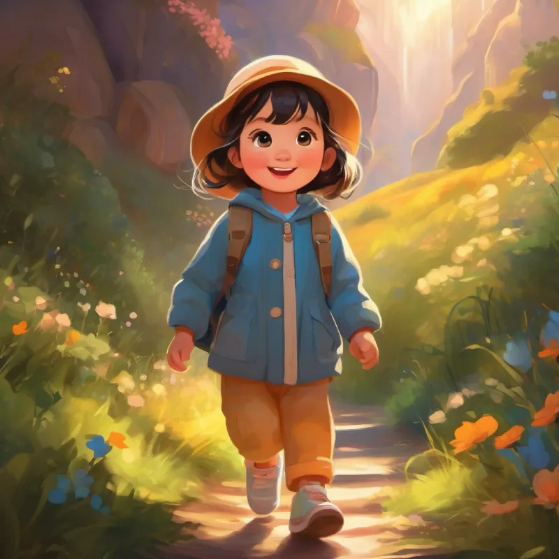 Small toddler, big sparkling eyes, shy, with a bright smile enjoys the journey, starts to lose her fears.