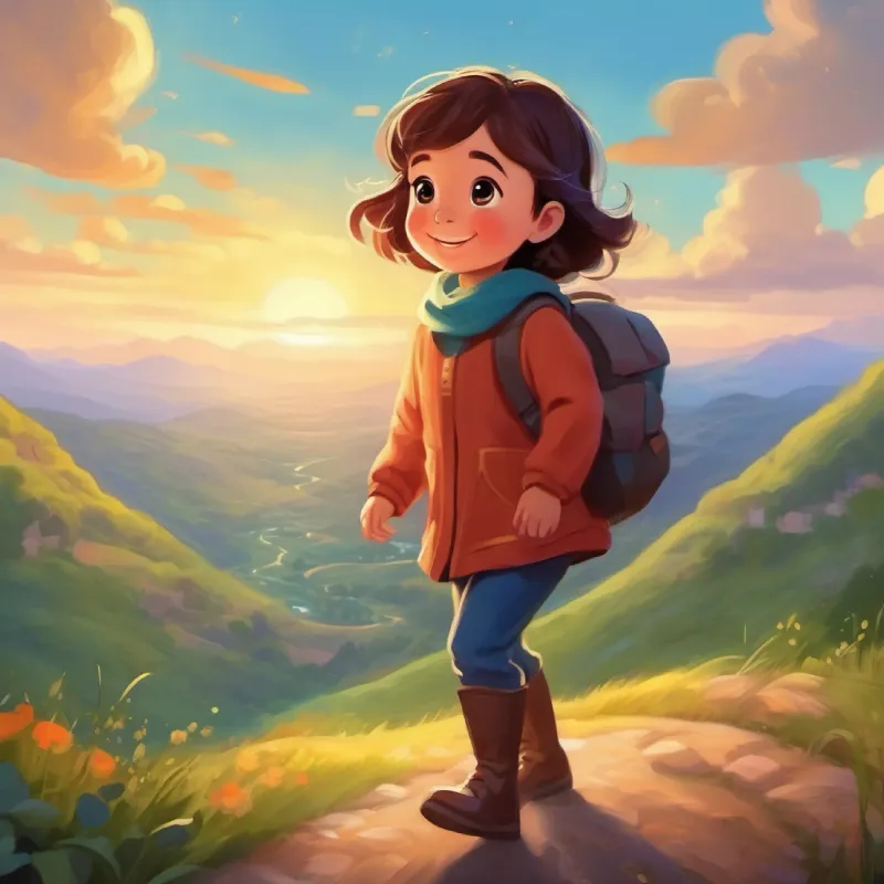 Small toddler, big sparkling eyes, shy, with a bright smile discovers her bravery at the top of the hills.