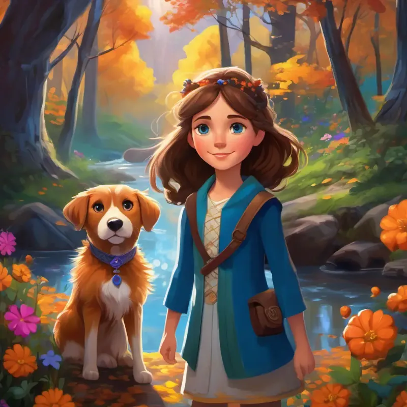 Brave young girl with determination, brown hair, and bright blue eyes and Loyal dog with soft fur, floppy ears, and a wagging tail standing at the entrance of the Enchanted Woods, surrounded by tall trees, colorful flowers, and a sparkling river.