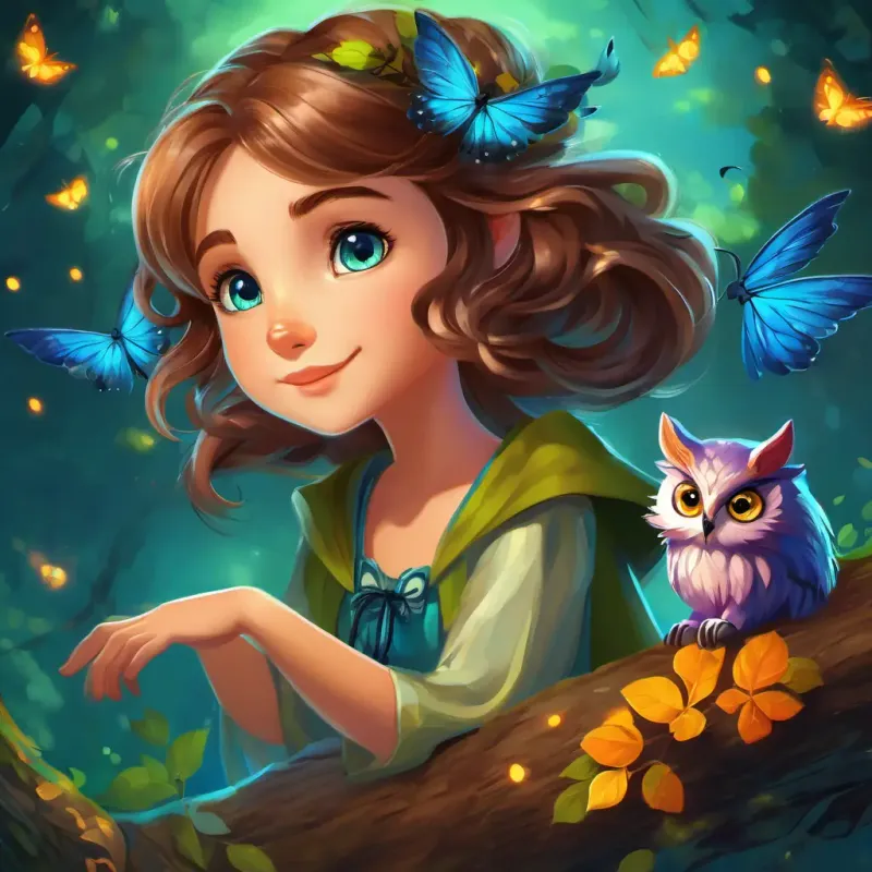 Brave young girl with determination, brown hair, and bright blue eyes, Loyal dog with soft fur, floppy ears, and a wagging tail, Mischievous fairy with vibrant blue wings and shimmering green eyes, and Wise old owl with fluffy gray feathers and wise amber eyes sitting together, with Mischievous fairy with vibrant blue wings and shimmering green eyes in mid-air, surrounded by glowing fireflies.