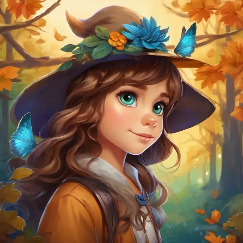 Brave young girl with determination, brown hair, and bright blue eyes, Loyal dog with soft fur, floppy ears, and a wagging tail, Mischievous fairy with vibrant blue wings and shimmering green eyes, Wise old owl with fluffy gray feathers and wise amber eyes, and Friendly squirrel with lively brown eyes, a bushy tail, and a feathery hat standing in a hidden glade filled with the cure's magical flower.
