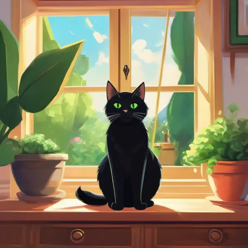 Introducing Fluffy black cat with bright green eyes, Small tabby cat with big, round eyes, and their sunny, cozy home.