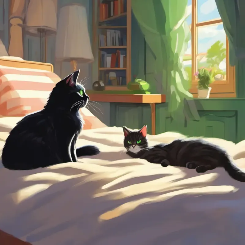 Fluffy black cat with bright green eyes and Small tabby cat with big, round eyes's conflict over the sunny spot in their human mom's bed.