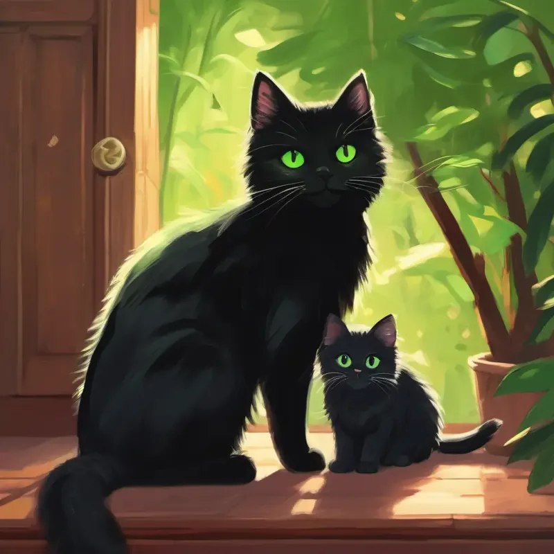Fluffy black cat with bright green eyes and Small tabby cat with big, round eyes coming together and realizing the importance of sibling support.