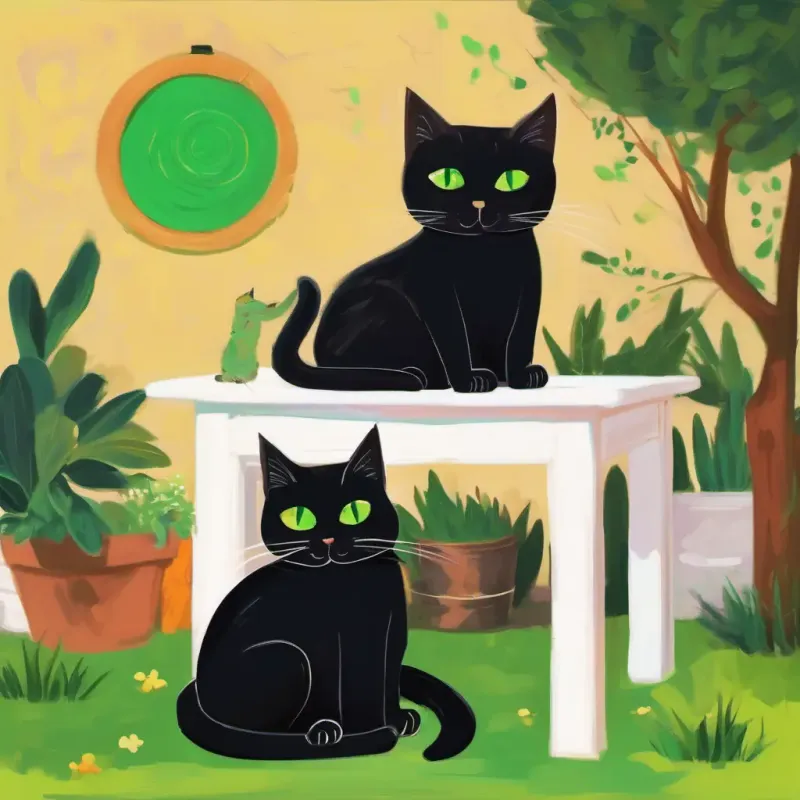 Fluffy black cat with bright green eyes and Small tabby cat with big, round eyes's parents' discovery and contentment with the siblings' new understanding and bond.