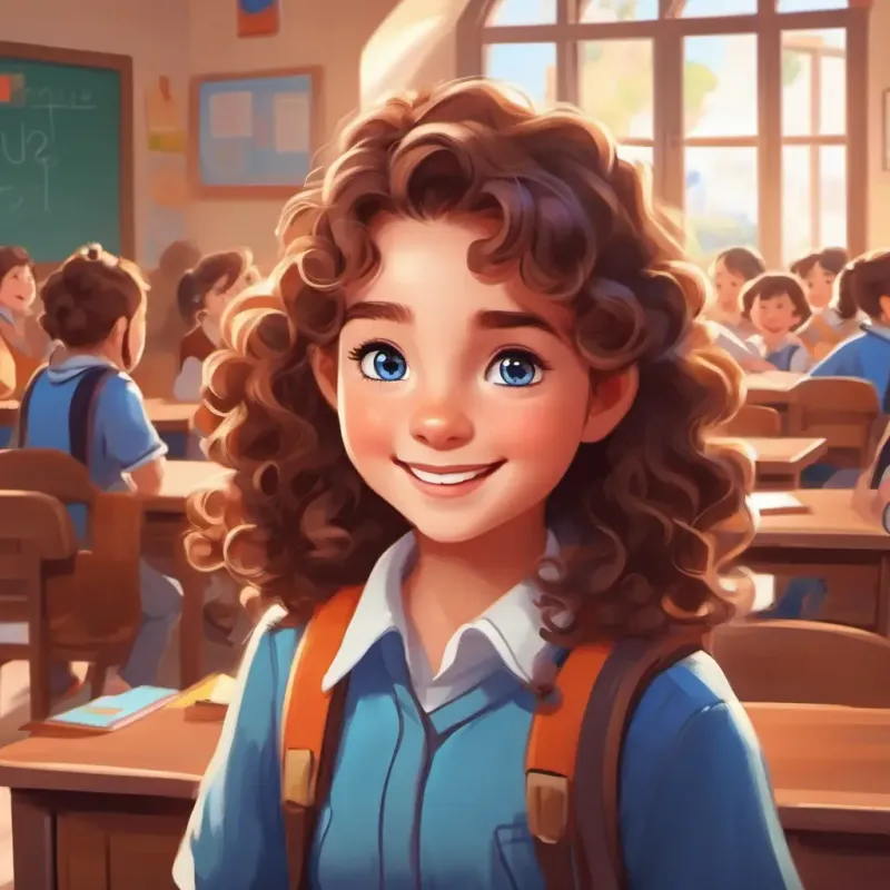 A cheerful girl, curly brown hair, blue eyes enters classroom on a Monday, excited for the new student.