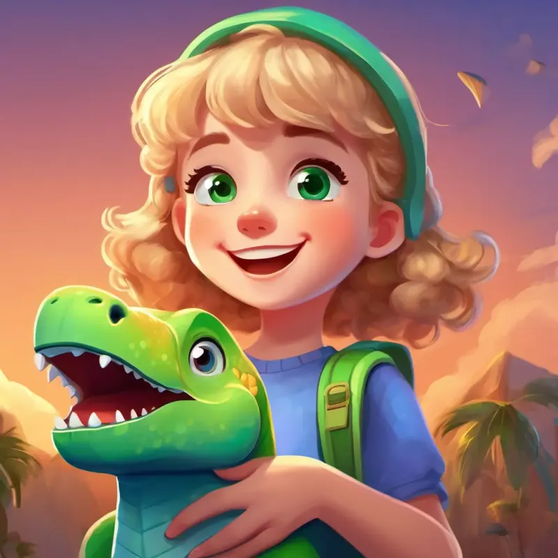 New student, short blonde hair, green eyes, holds toy dinosaur thanks A cheerful girl, curly brown hair, blue eyes for her friendship, ending the day on a high note.