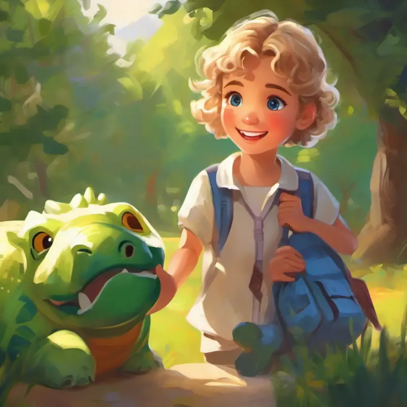 A cheerful girl, curly brown hair, blue eyes happy to have helped New student, short blonde hair, green eyes, holds toy dinosaur; they say goodbye until tomorrow.