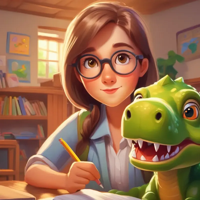 Kind teacher, glasses, long straight hair, brown eyes introduces New student, short blonde hair, green eyes, holds toy dinosaur to the class, evoking curiosity.