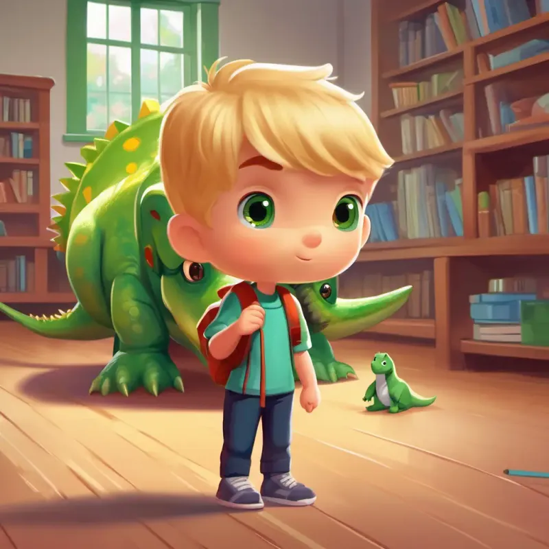 New student, short blonde hair, green eyes, holds toy dinosaur introduces himself shyly to the class, feeling nervous.