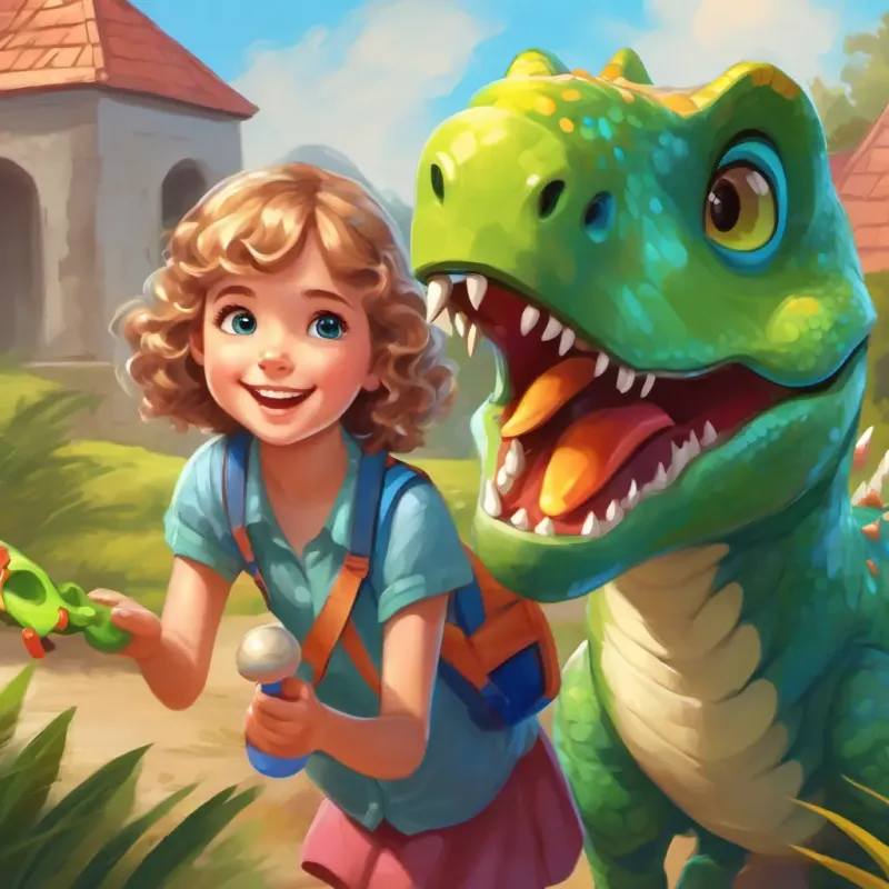 A cheerful girl, curly brown hair, blue eyes empathizes with New student, short blonde hair, green eyes, holds toy dinosaur, seeing his dinosaur toy.