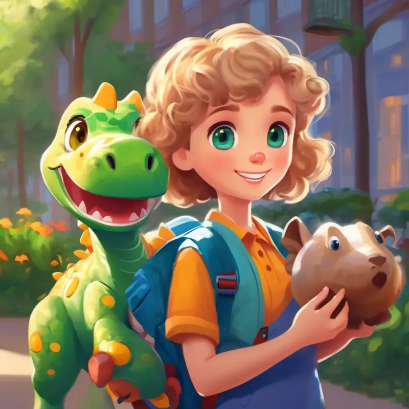 A cheerful girl, curly brown hair, blue eyes approaches New student, short blonde hair, green eyes, holds toy dinosaur at recess, looking to make a new friend.