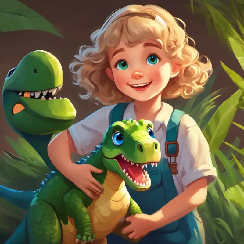 A cheerful girl, curly brown hair, blue eyes and New student, short blonde hair, green eyes, holds toy dinosaur bond over a love for dinosaurs.