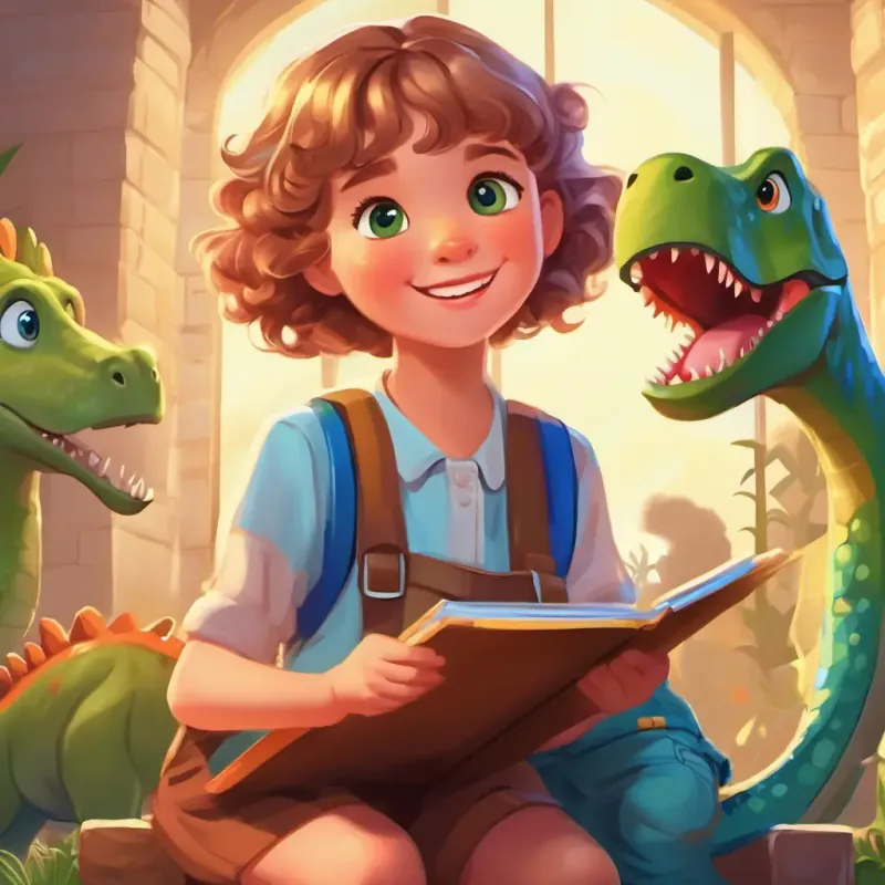 A cheerful girl, curly brown hair, blue eyes and New student, short blonde hair, green eyes, holds toy dinosaur exchange favorite dinosaur stories, becoming friends.