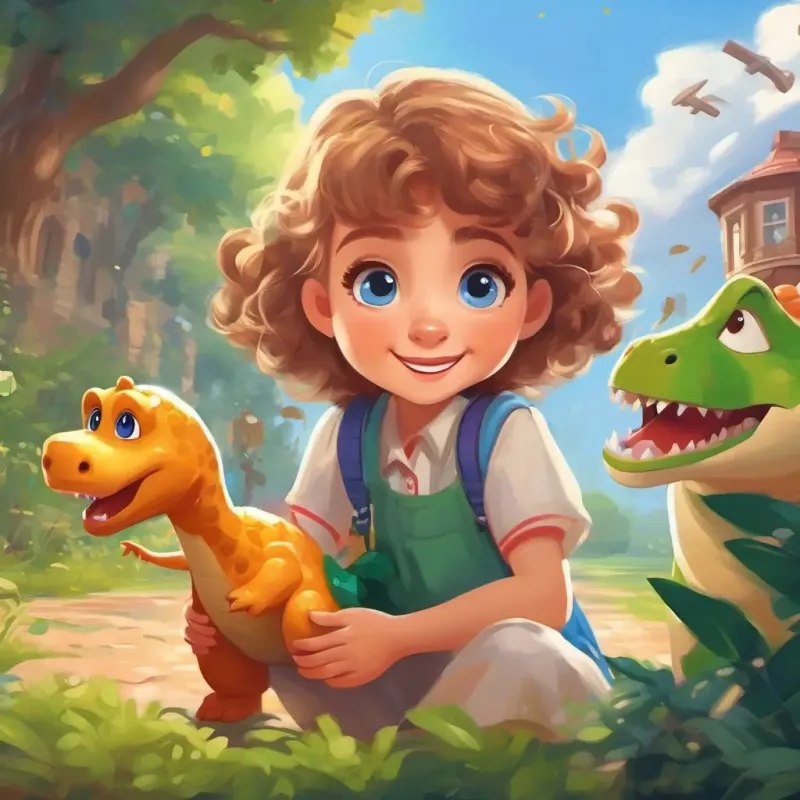 A cheerful girl, curly brown hair, blue eyes offers to help New student, short blonde hair, green eyes, holds toy dinosaur with math, sharing teamwork and comfort.