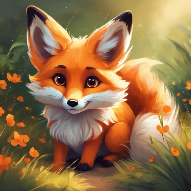 The playful little fox, orange fur, bright eyes, easily cries's friend, a kind bunny, white fur, big ears, and warm smile offers The playful little fox, orange fur, bright eyes, easily cries advice, encouraging him not to cry.