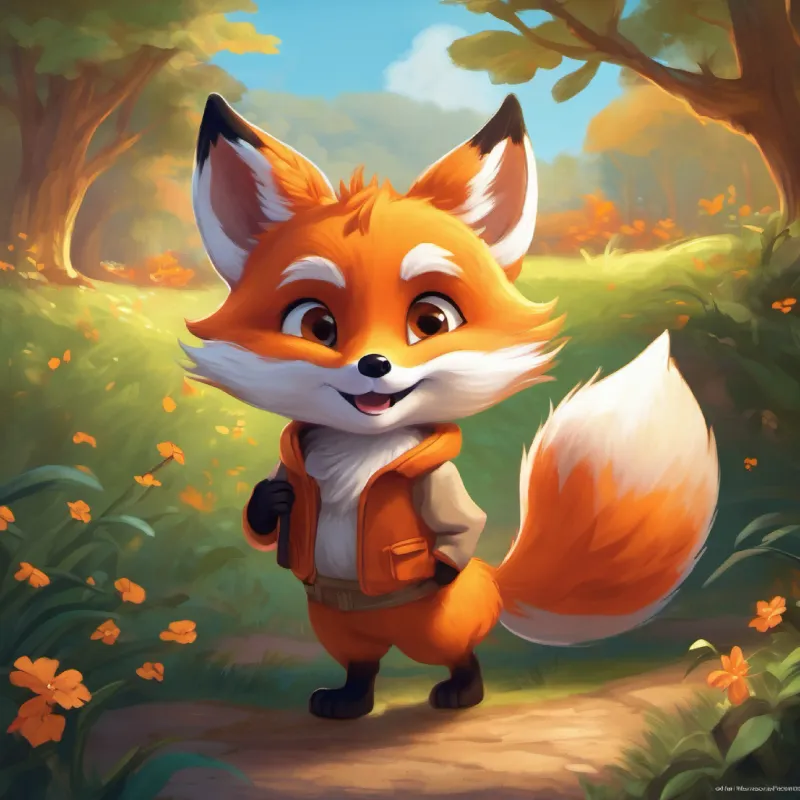 The playful little fox, orange fur, bright eyes, easily cries's friend, a kind bunny, white fur, big ears, and warm smile is impressed with The playful little fox, orange fur, bright eyes, easily cries; they celebrate the victory.