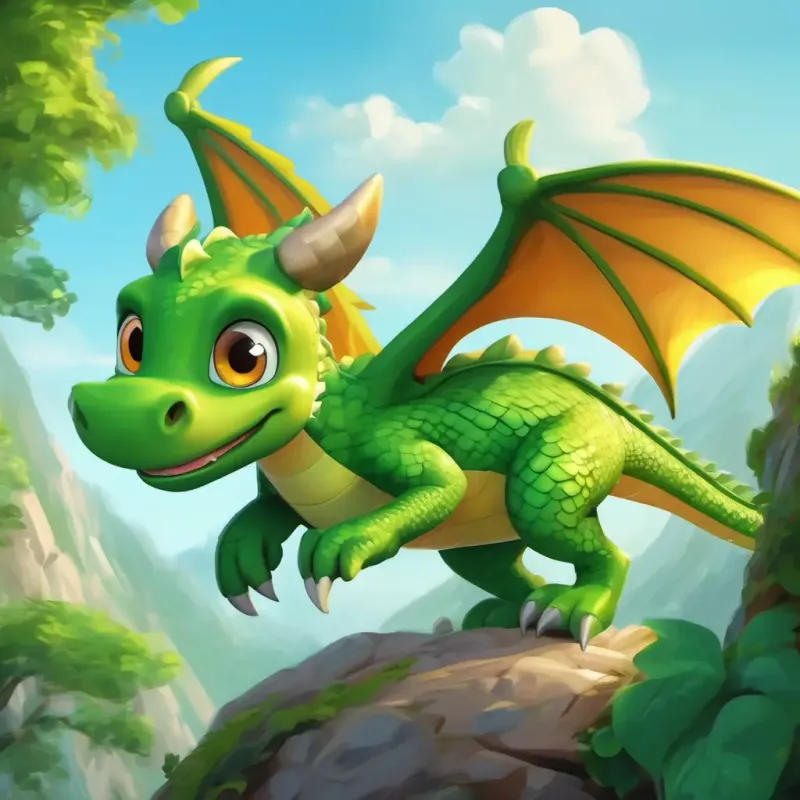 Green dragon, big eyes, friendly smile's love for flying and dislike for math.
