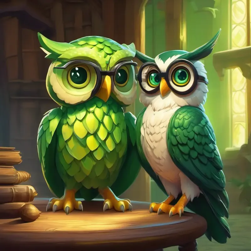 Green dragon, big eyes, friendly smile's meeting with Wise old owl, big round glasses, the wise old owl.