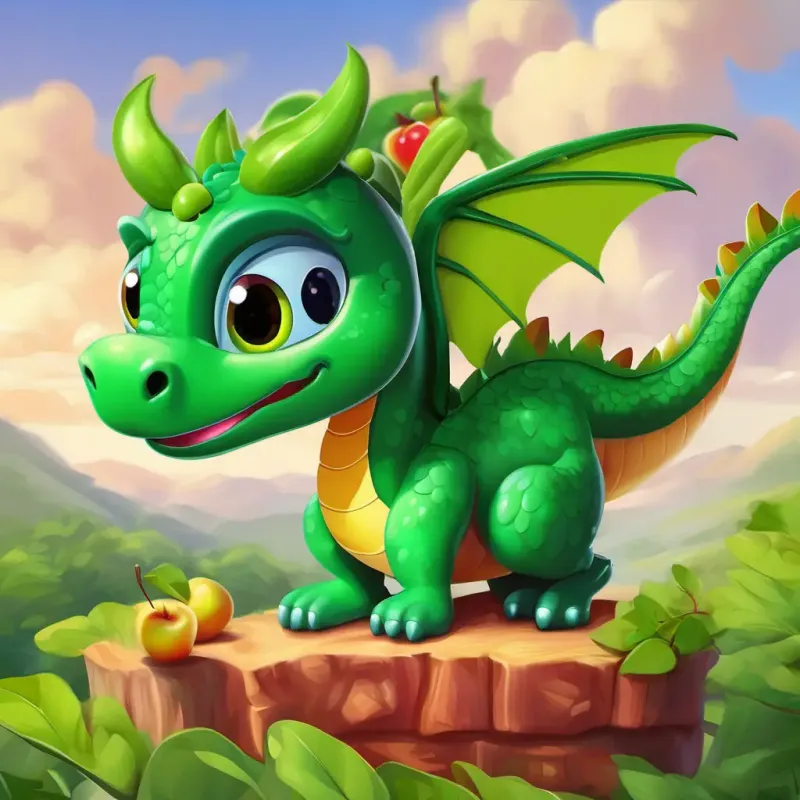 Green dragon, big eyes, friendly smile learning addition and subtraction with colorful apples.