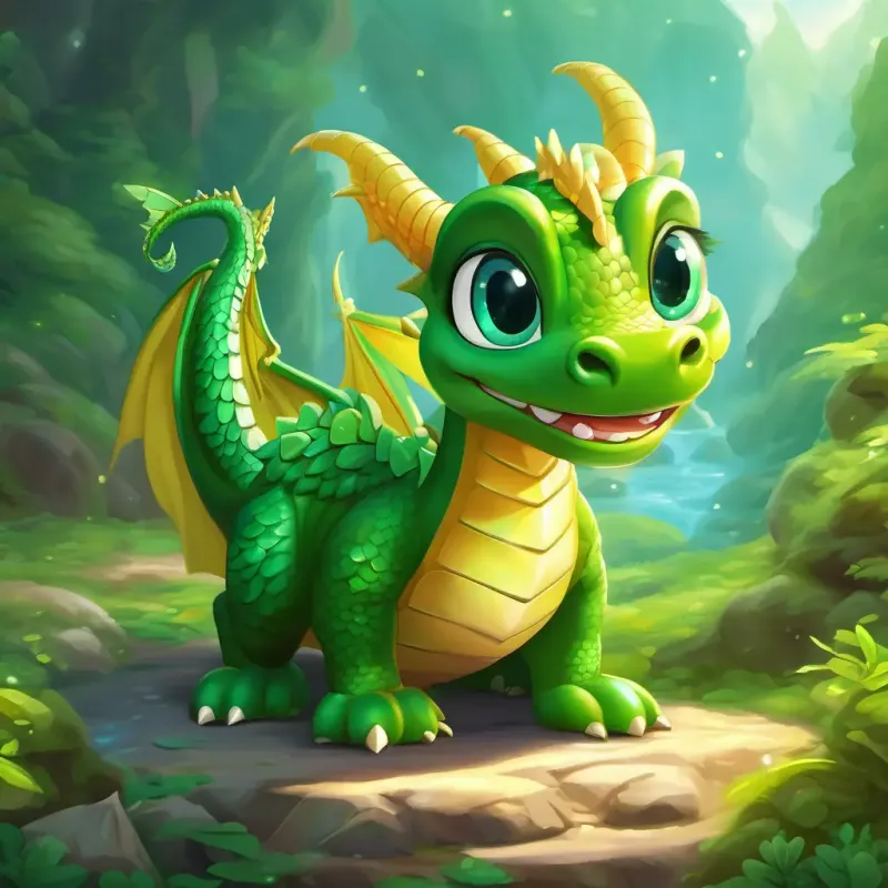 Green dragon, big eyes, friendly smile learning multiplication and division with shiny gems.