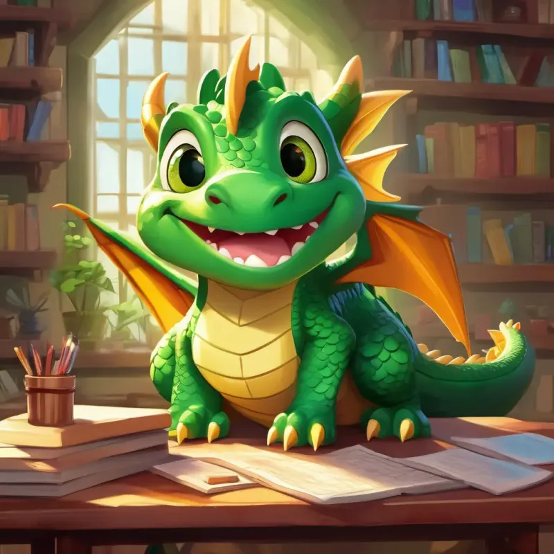 Green dragon, big eyes, friendly smile gaining confidence in math and becoming a math whiz.