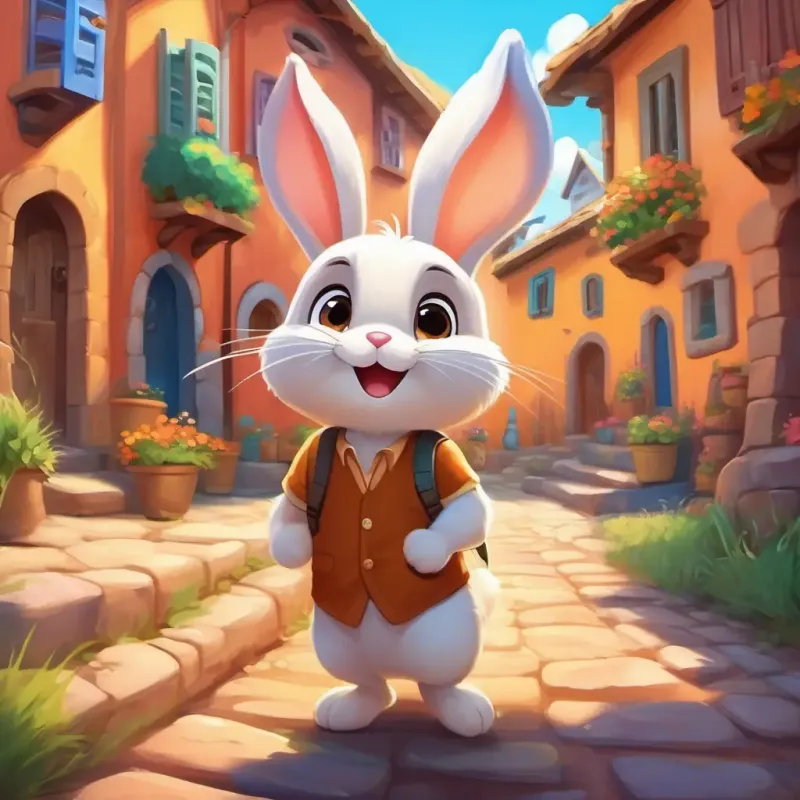 Cute brown bunny with big bright eyes and a friendly smile the bunny hopping amidst the colorful village with a determined look on his face