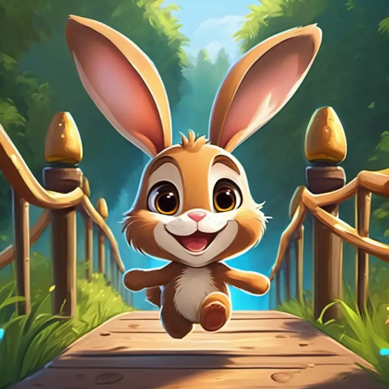 Cute brown bunny with big bright eyes and a friendly smile bouncing on a bumpy bridge, with a big smile on his face