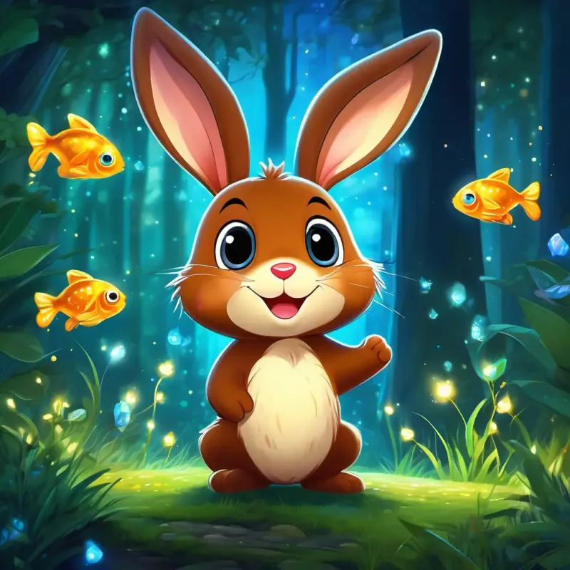 Cute brown bunny with big bright eyes and a friendly smile and Sparkly blue fish with a shiny tail and a joyful expression by the sparkling forest with fireflies and frogs all around
