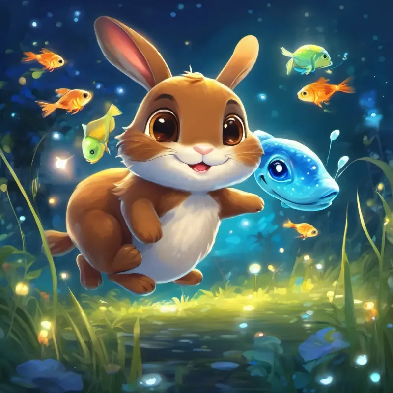 Cute brown bunny with big bright eyes and a friendly smile and Sparkly blue fish with a shiny tail and a joyful expression laughing and playing amidst the fluttering fireflies and funny frogs