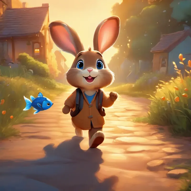 Cute brown bunny with big bright eyes and a friendly smile and Sparkly blue fish with a shiny tail and a joyful expression walking home with the setting sun in the background