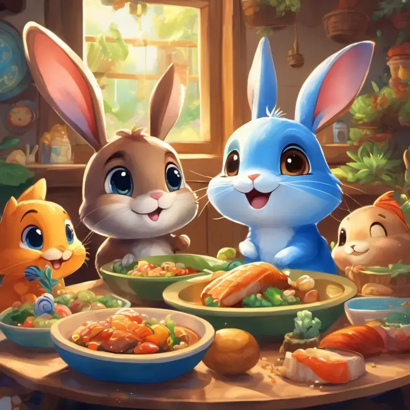 Cute brown bunny with big bright eyes and a friendly smile, Sparkly blue fish with a shiny tail and a joyful expression, and their friends having a lively feast with lots of great food and laughter