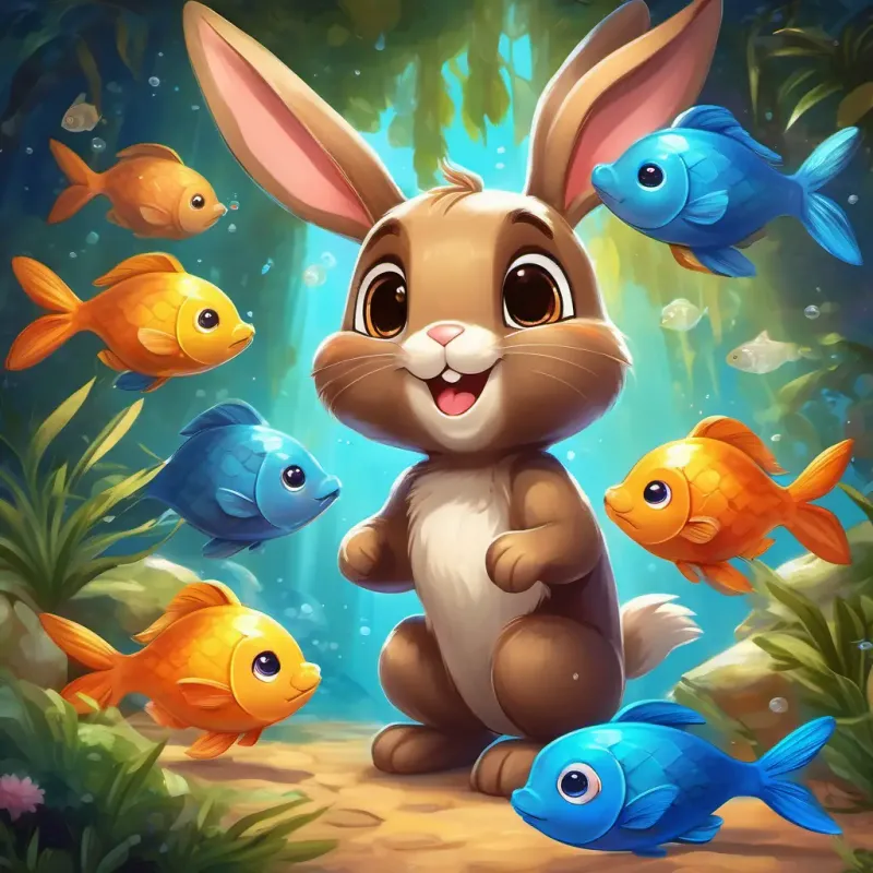Cute brown bunny with big bright eyes and a friendly smile smiling proudly with Sparkly blue fish with a shiny tail and a joyful expression and their friends by his side, ready to take on any challenge