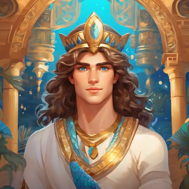 Introduction to Beautiful mermaid with hazel eyes, white skin, and long light brown hair, Handsome prince with blue eyes and brown hair, and the setting in Ancient Egypt.