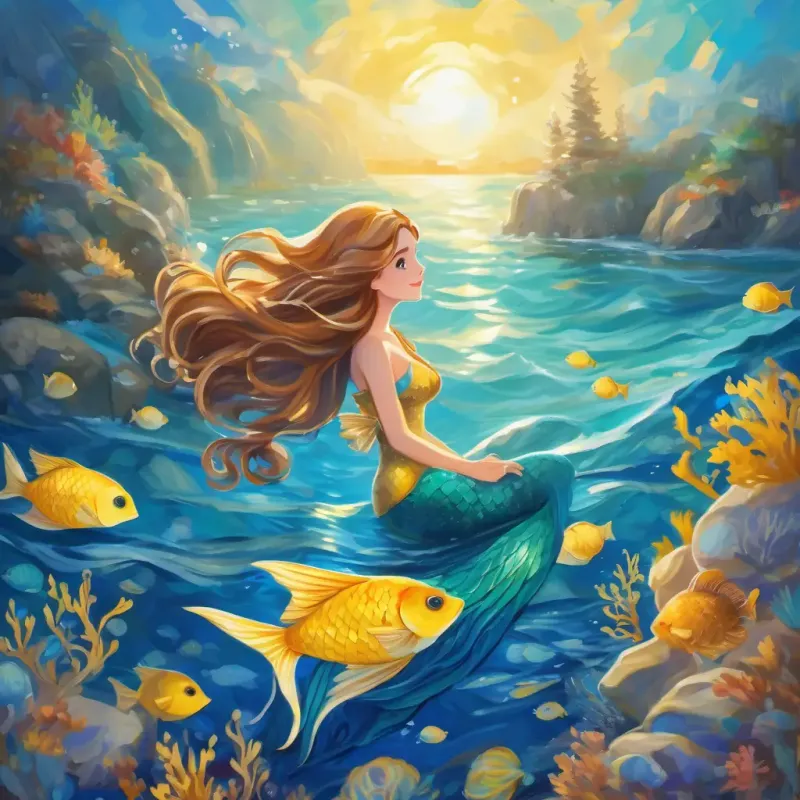 Beautiful mermaid with hazel eyes, white skin, and long light brown hair went up to the sea, is visited by her friend Yellow and blue fish, and hears a mysterious sound.