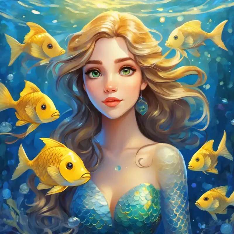 Beautiful mermaid with hazel eyes, white skin, and long light brown hair confides in Yellow and blue fish about the mysterious voice, and they plan to find its origin.