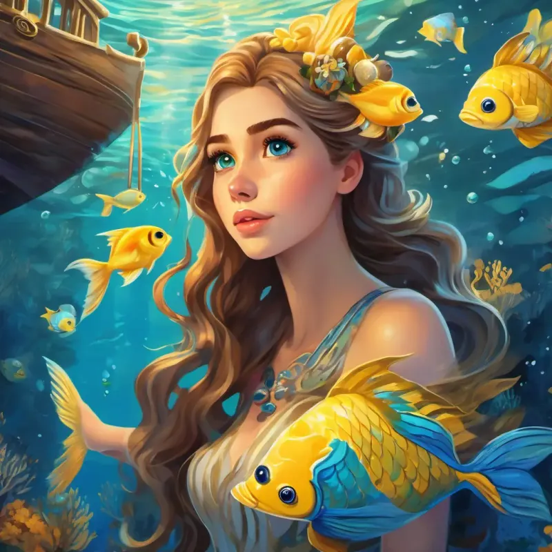 Beautiful mermaid with hazel eyes, white skin, and long light brown hair and Yellow and blue fish find a sunken ship and a shocking discovery about the mysterious song.