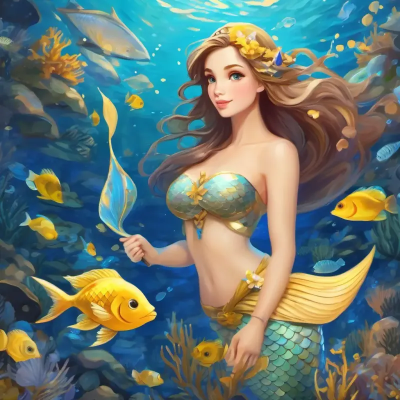 Beautiful mermaid with hazel eyes, white skin, and long light brown hair and Yellow and blue fish work together to protect the sea and its inhabitants.