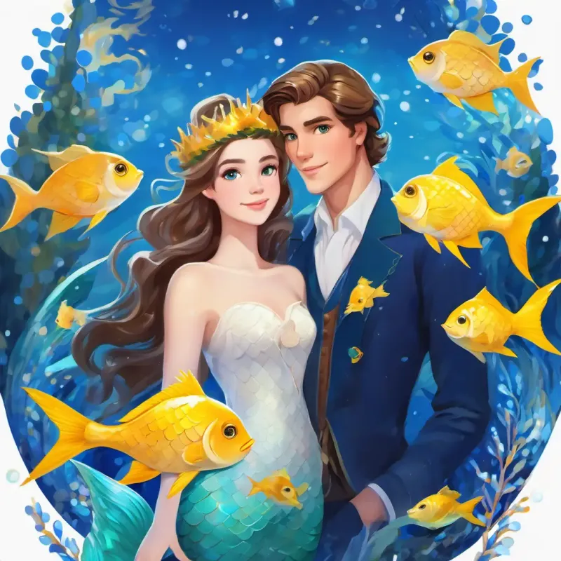 Beautiful mermaid with hazel eyes, white skin, and long light brown hair and Yellow and blue fish's heroism is celebrated, and Handsome prince with blue eyes and brown hair offers his support.