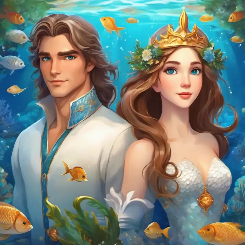 Beautiful mermaid with hazel eyes, white skin, and long light brown hair and Handsome prince with blue eyes and brown hair form an alliance to safeguard their ocean home.