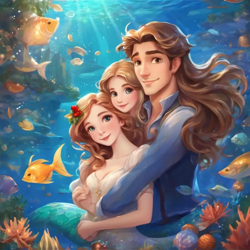 Beautiful mermaid with hazel eyes, white skin, and long light brown hair's songs bring joy, and her bond with Handsome prince with blue eyes and brown hair endures.