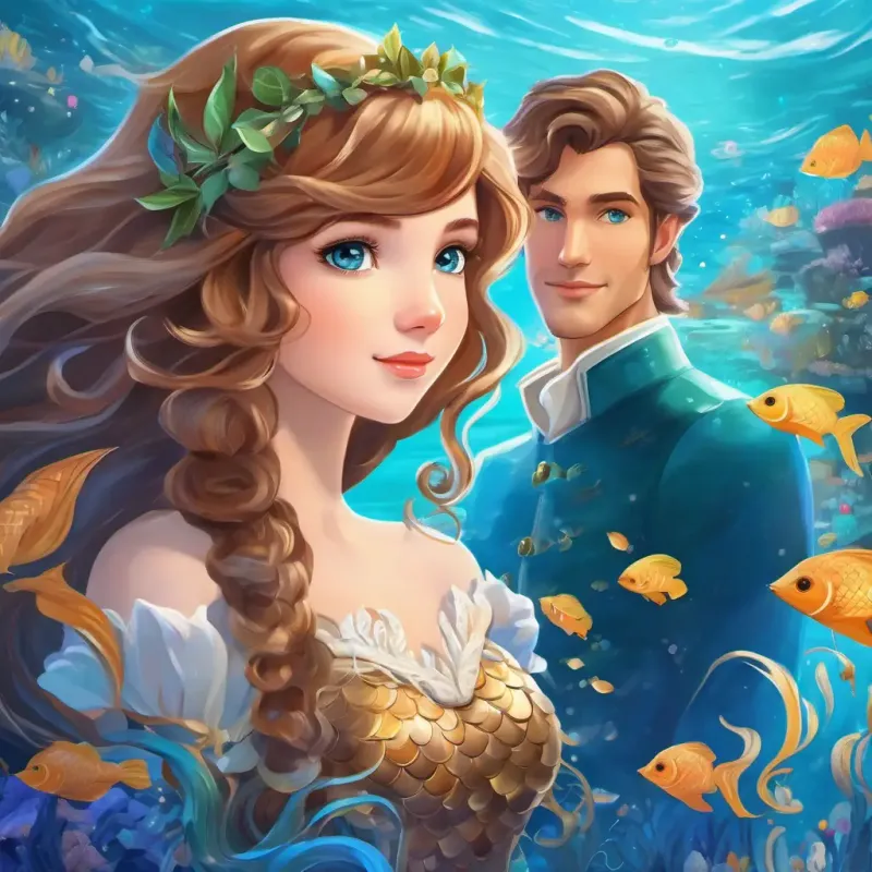 Beautiful mermaid with hazel eyes, white skin, and long light brown hair's legacy as the 'Siren of the Sea' and her enduring friendship with Handsome prince with blue eyes and brown hair.