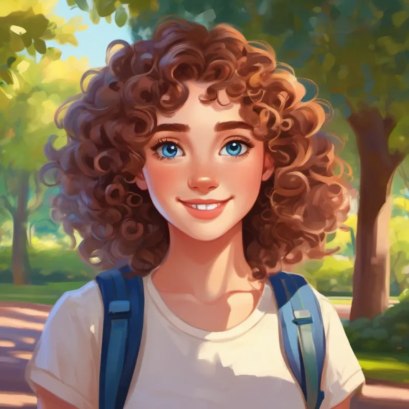 Introduction to Curly hair, brown eyes, freckles, adventurous and Straight hair, blue eyes, dimples, playful, location at the park entrance, sunny day