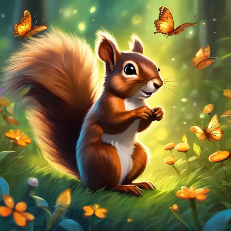 Meeting Furry brown squirrel, bright eyes, mischievous, entering the hidden meadow, magical fireflies and butterflies