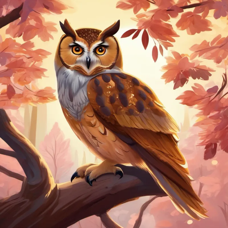 Encountering Wise owl, big eyes, perched on a branch the owl, learning about kindness and friendship